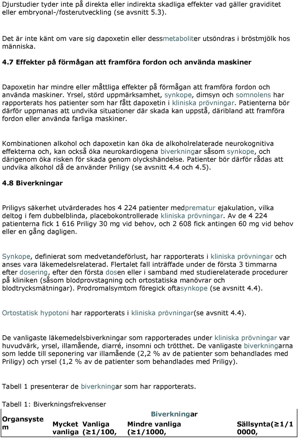 7 Effekter på förmågan att framföra fordon och använda maskiner Dapoxetin har mindre eller måttliga effekter på förmågan att framföra fordon och använda maskiner.