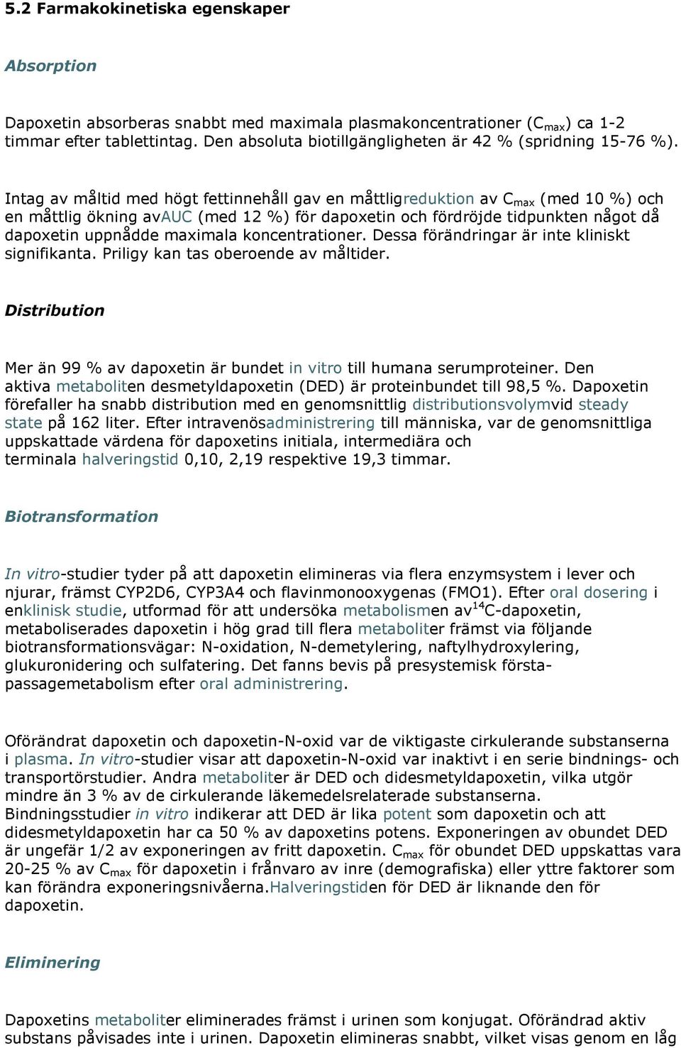 Intag av måltid med högt fettinnehåll gav en måttligreduktion av C max (med 10 och en måttlig ökning avauc (med 12 för dapoxetin och fördröjde tidpunkten något då dapoxetin uppnådde maximala