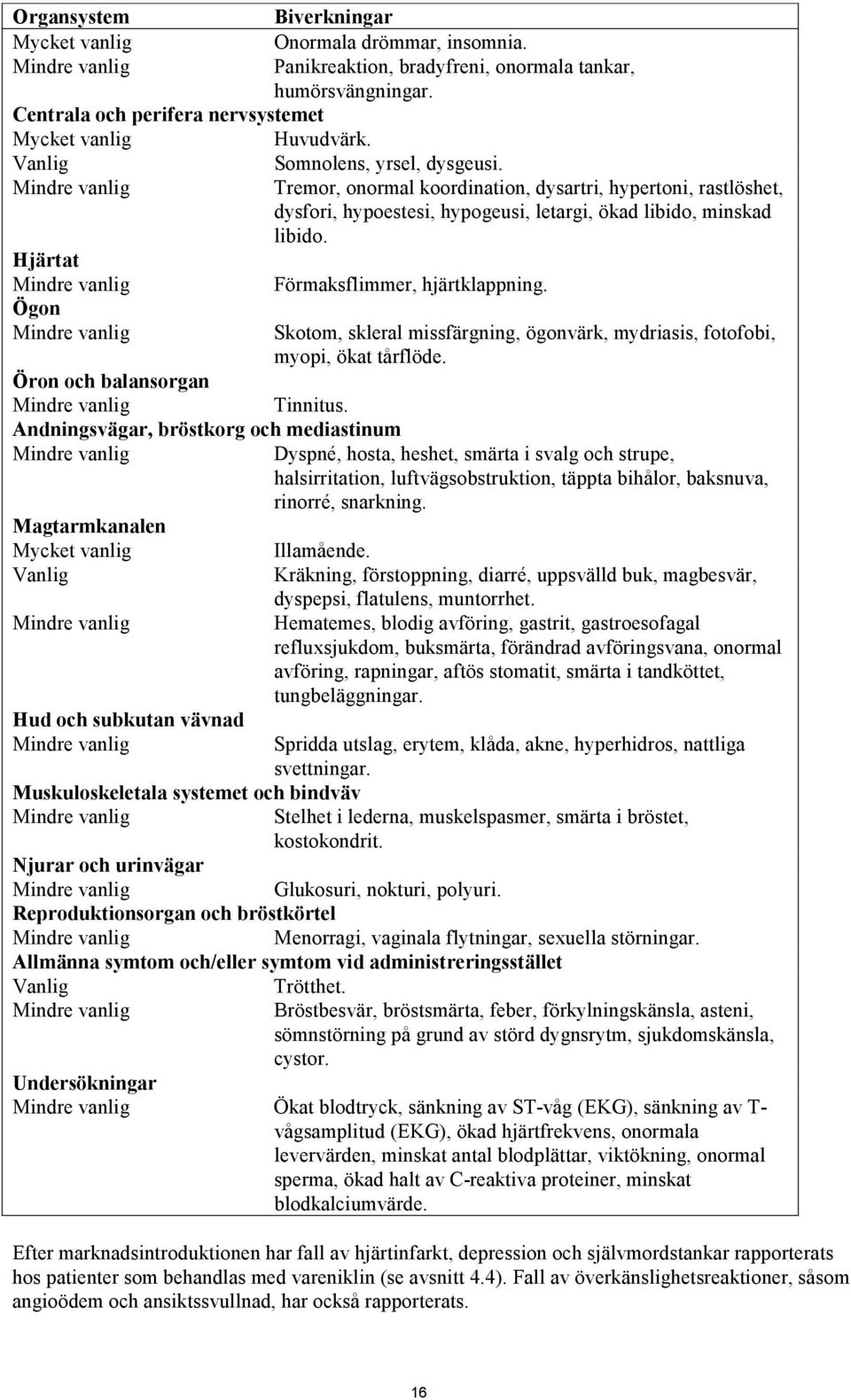 Mindre vanlig Tremor, onormal koordination, dysartri, hypertoni, rastlöshet, dysfori, hypoestesi, hypogeusi, letargi, ökad libido, minskad libido. Hjärtat Mindre vanlig Förmaksflimmer, hjärtklappning.