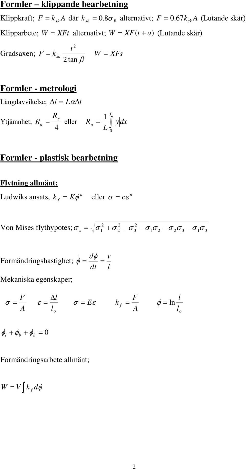 Längdavvikelse; Δl = Lα Δt Ytjämnhet; L Ry 1 R a = eller Ra = ydx 4 L 0 Formler - plastisk bearbetning Flytning allmänt; Ludwiks ansats, k n = Kφ eller n