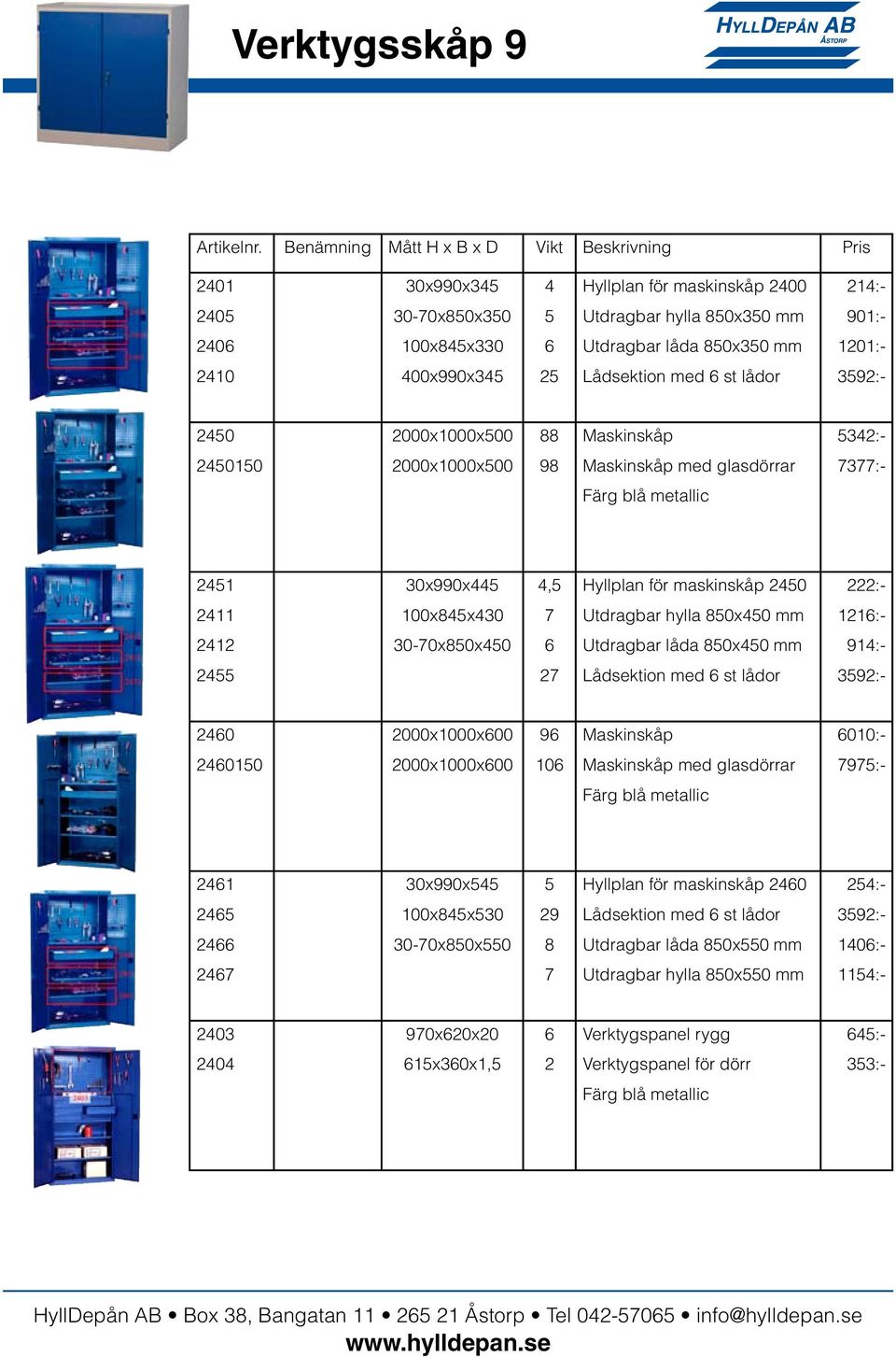 1201:- 2410 400x990x345 25 Lådsektion med 6 st lådor 3592:- 2450 2000x1000x500 88 Maskinskåp 5342:- 2450150 2000x1000x500 98 Maskinskåp med glasdörrar 7377:- 2451 30x990x445 4,5 Hyllplan för