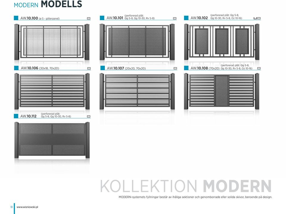 10.112 (perforerad plåt: Qg 5-8, Qg 10-30, Rv 5-8) Kollektion MODERN MODERN-systemets fyllningar består av ihåliga