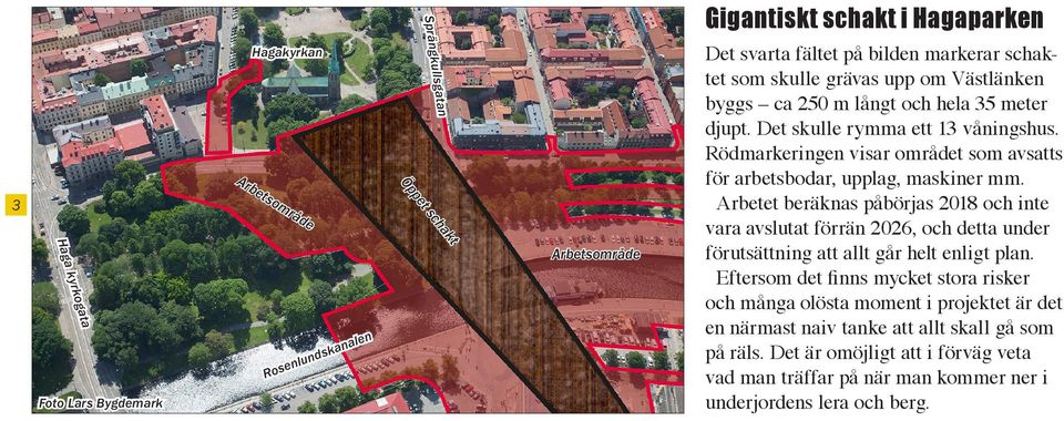 Rödmarkeringen visar området som avsatts för arbetsbodar, upplag, maskiner mm.