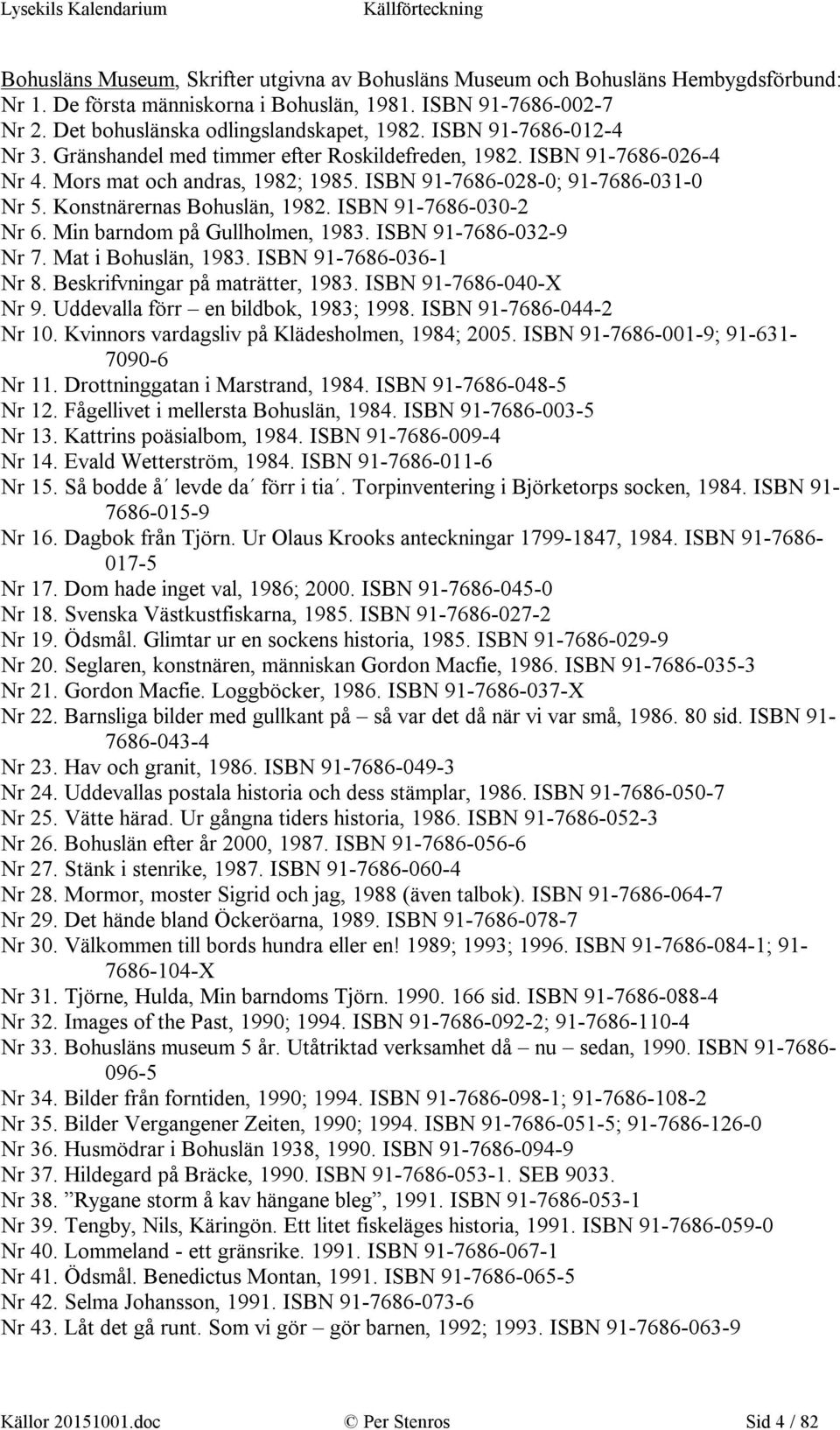 Konstnärernas Bohuslän, 1982. ISBN 91-7686-030-2 Nr 6. Min barndom på Gullholmen, 1983. ISBN 91-7686-032-9 Nr 7. Mat i Bohuslän, 1983. ISBN 91-7686-036-1 Nr 8. Beskrifvningar på maträtter, 1983.