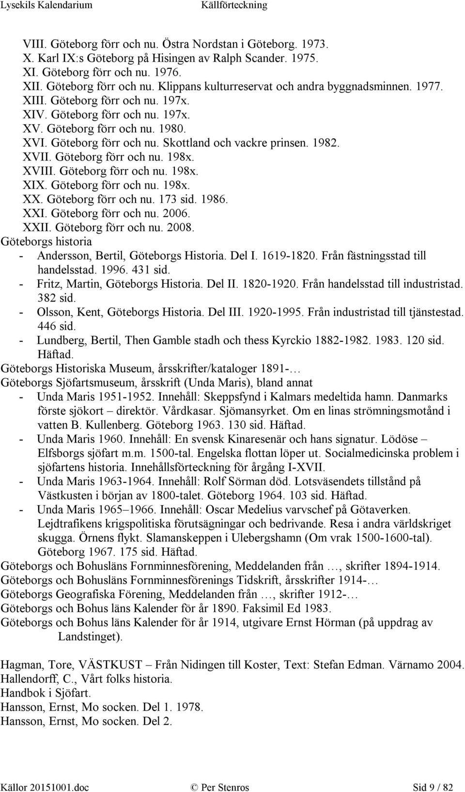 XVIII. Göteborg förr och nu. 198x. XIX. Göteborg förr och nu. 198x. XX. Göteborg förr och nu. 173 sid. 1986. XXI. Göteborg förr och nu. 2006. XXII. Göteborg förr och nu. 2008.