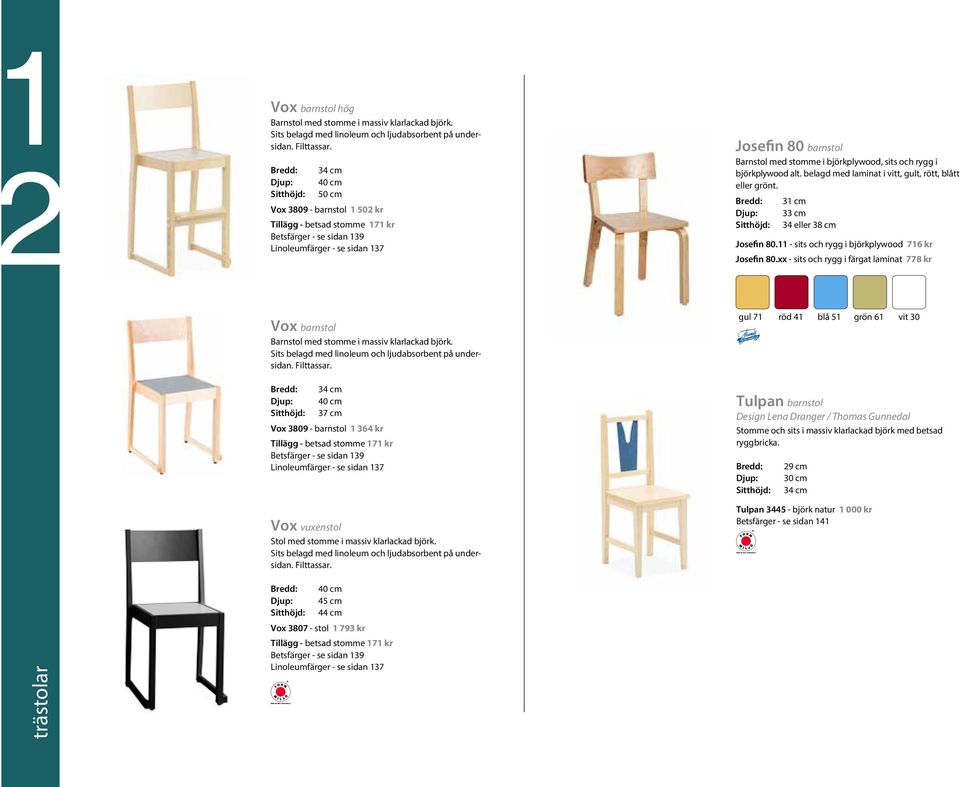 björkplywood, sits och rygg i björkplywood alt. belagd med laminat i vitt, gult, rött, blått eller grönt. Djup: Sitthöjd: 31 cm 33 cm 34 eller 38 cm Josefin 80.