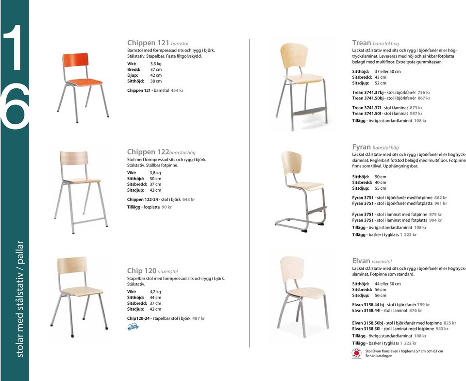 Levereras med höj och sänkbar fotplatta belagd med multifloor. Extra tysta gummitassar. Sitthöjd: 37 eller 50 cm Sitsbredd: 43 cm Sitsdjup: 52 cm Trean 3741.37bj - stol i björkfanér 756 kr Trean 3741.