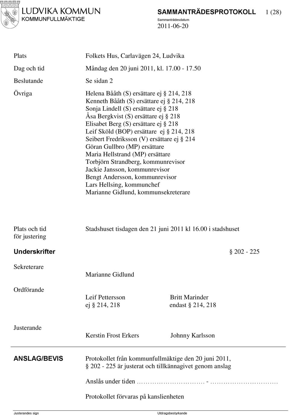 ersättare ej 218 Leif Sköld (BOP) ersättare ej 214, 218 Seibert Fredriksson (V) ersättare ej 214 Göran Gullbro (MP) ersättare Maria Hellstrand (MP) ersättare Torbjörn Strandberg, kommunrevisor Jackie