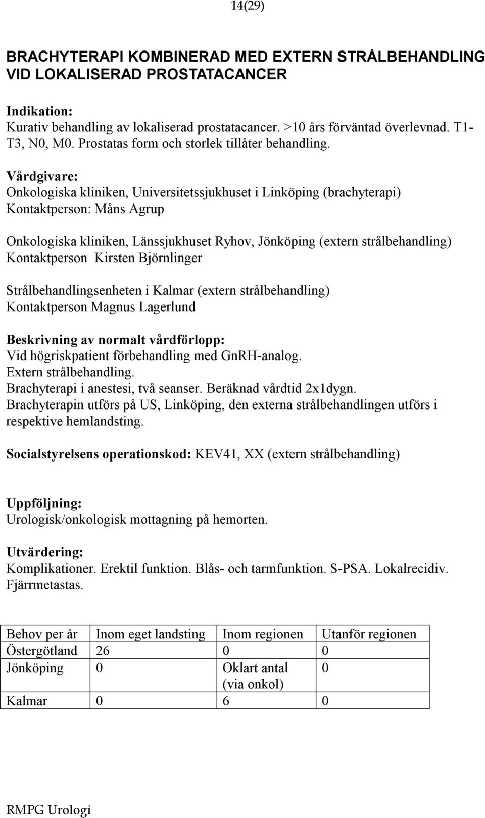 Onkologiska kliniken, Universitetssjukhuset i Linköping (brachyterapi) Kontaktperson: Måns Agrup Onkologiska kliniken, Länssjukhuset Ryhov, Jönköping (extern strålbehandling) Kontaktperson Kirsten