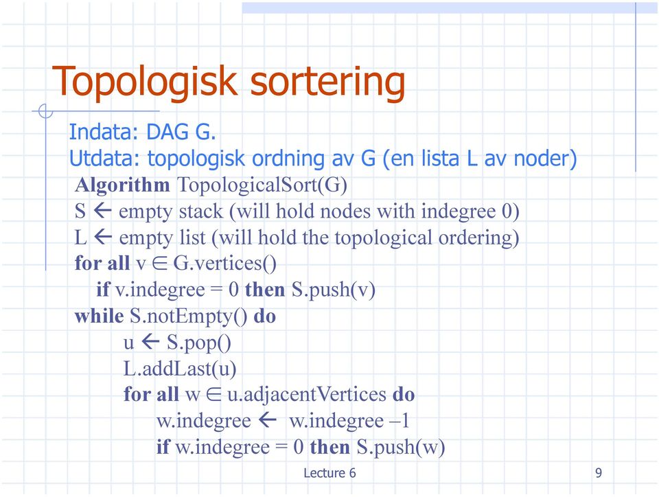 hold nodes with indegree 0) L empty list (will hold the topological ordering) for all v G.