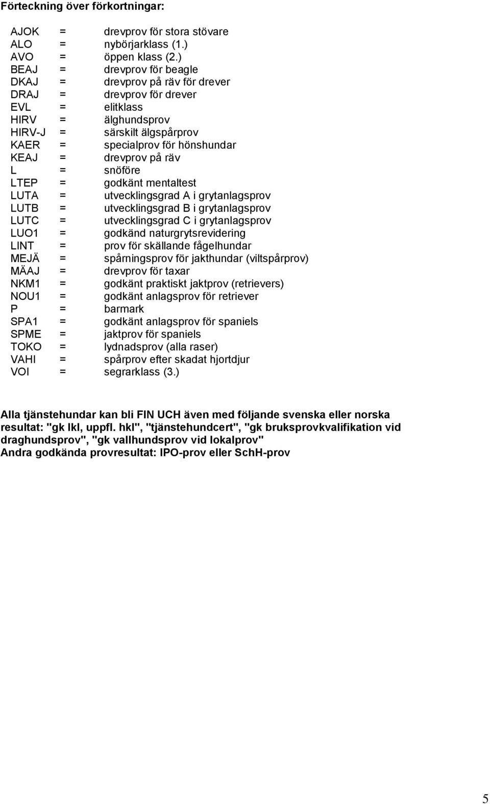 drevprov på räv L = snöföre LTEP = godkänt mentaltest LUTA = utvecklingsgrad A i grytanlagsprov LUTB = utvecklingsgrad B i grytanlagsprov LUTC = utvecklingsgrad C i grytanlagsprov LUO1 = godkänd