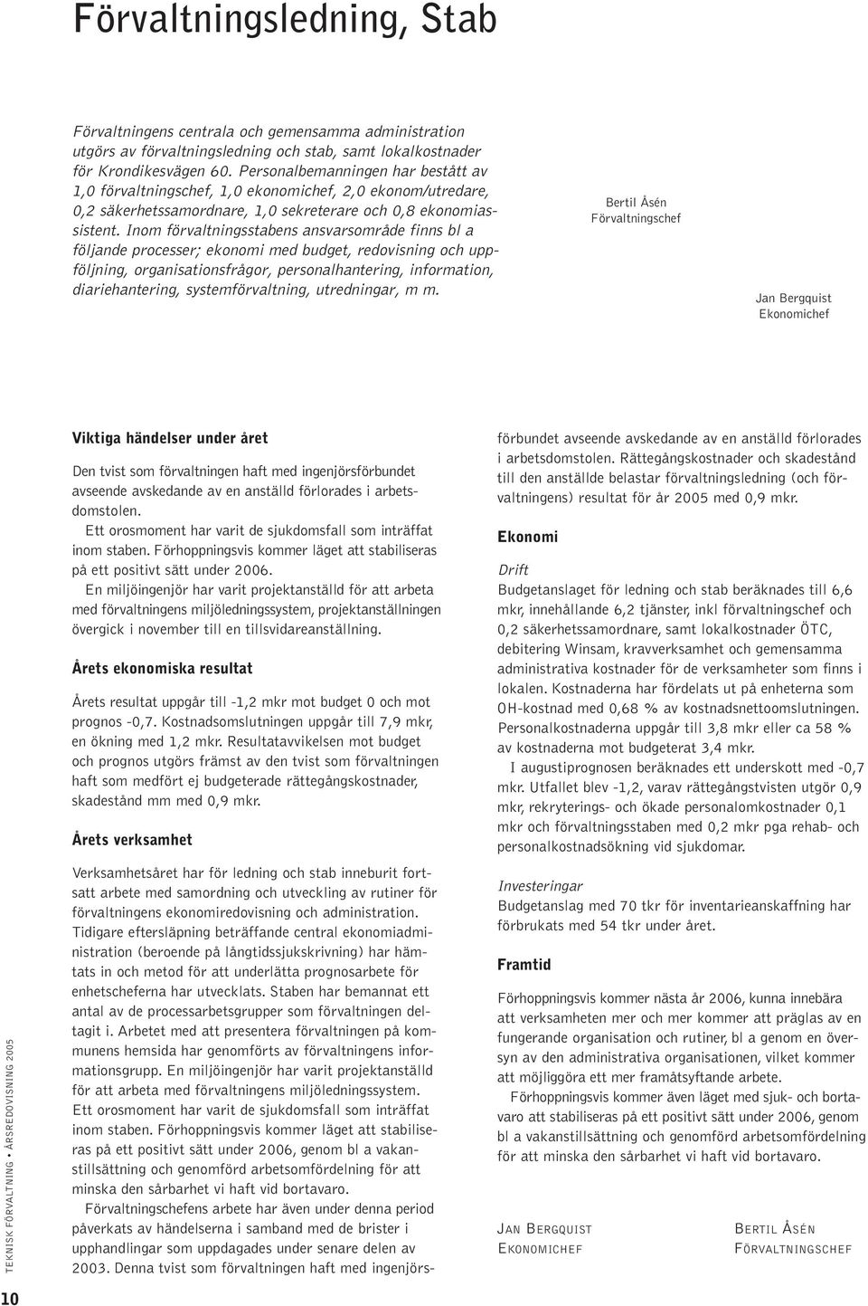 Inom förvaltningsstabens ansvarsområde finns bl a följande processer; ekonomi med budget, redovisning och uppföljning, organisationsfrågor, personalhantering, information, diariehantering,