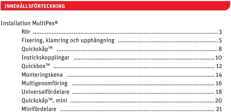 ..8 Instickskopplingar... 0 Quickbox TM... 2 Monteringskena.