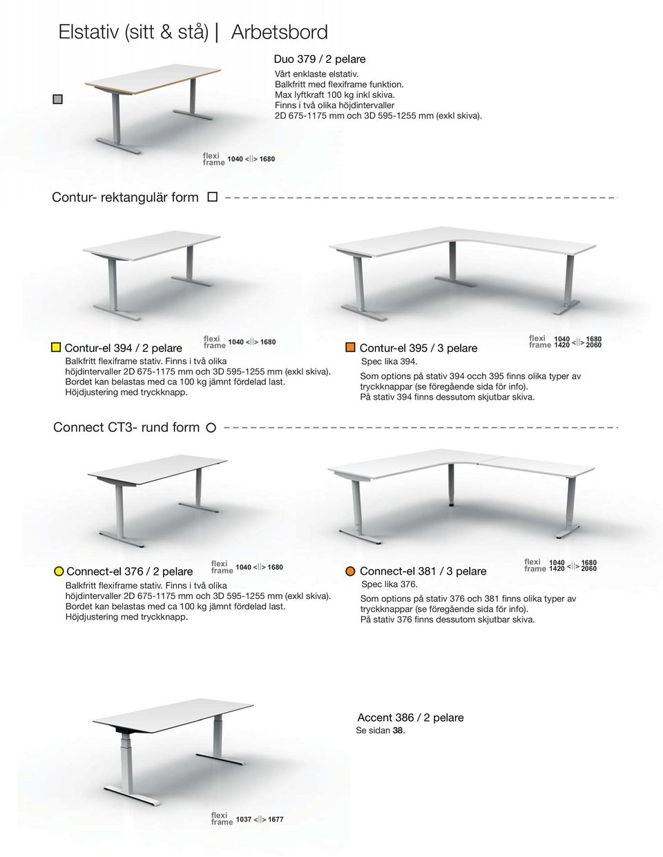 flexi 1040 1680 frame Contur- rektangulär form Contur-el 394 / 2 pelare flexi 1040 1680 frame Balkfritt flexiframe stativ.  Bordet kan belastas med ca 100 kg jämnt fördelad last.