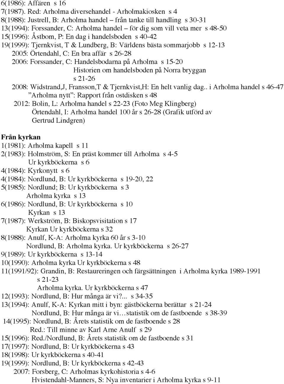 15(1996): Åstbom, P: En dag i handelsboden s 40-42 19(1999): Tjernkvist, T & Lundberg, B: Världens bästa sommarjobb s 12-13 2005: Örtendahl, C: En bra affär s 26-28 2006: Forssander, C: