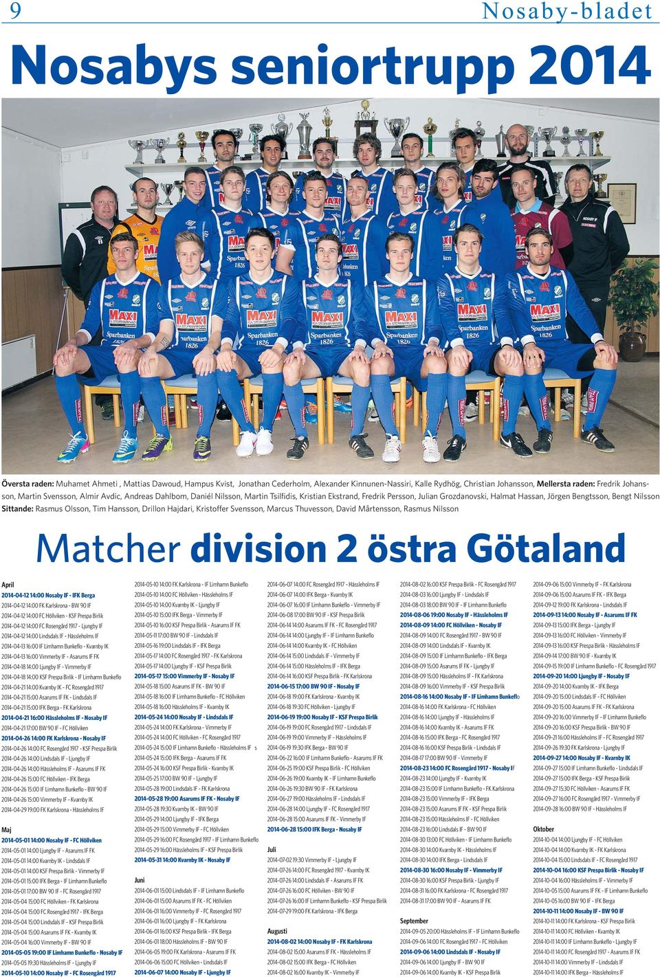 Bengt Nilsson Sittande: Rasmus Olsson, Tim Hansson, Drillon Hajdari, Kristoffer Svensson, Marcus Thuvesson, David Mårtensson, Rasmus Nilsson Matcher division 2 östra Götaland April 2014-04-12 14:00