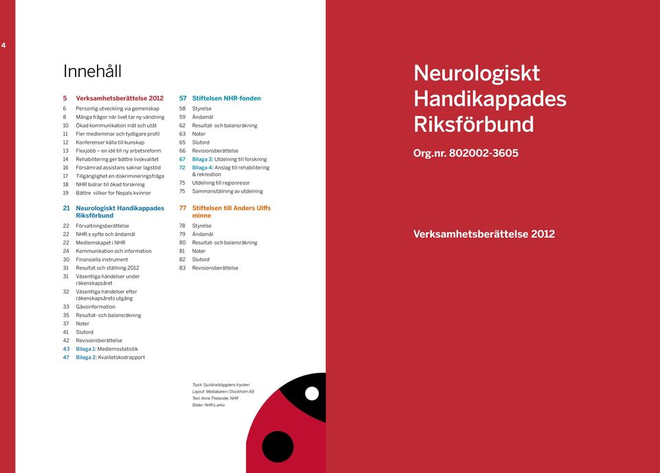 bidrar till ökad forskning 19 Bättre villkor for Nepals kvinnor 21 Neurologiskt Handikappades Riksförbund 22 Förvaltningsberättelse 22 NHR:s syfte och ändamål 22 Medlemskapet i NHR 24 Kommunikation