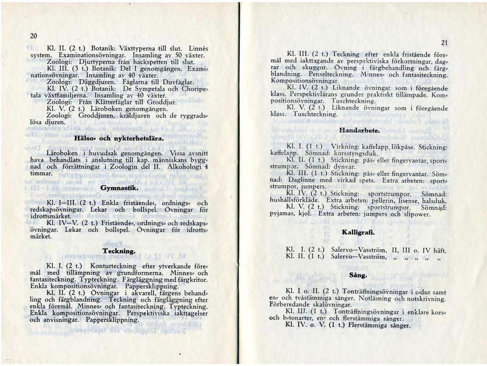 Insamling av 40 växter. Zoologi: Från Klätterfåglar till Groddjur. Kl. V. (2 t.) Läroboken genomgången. Zoologi: Groddjuren, kräldjuren och de ryggradslösa djuren. Hälso. och nykterhetslära.