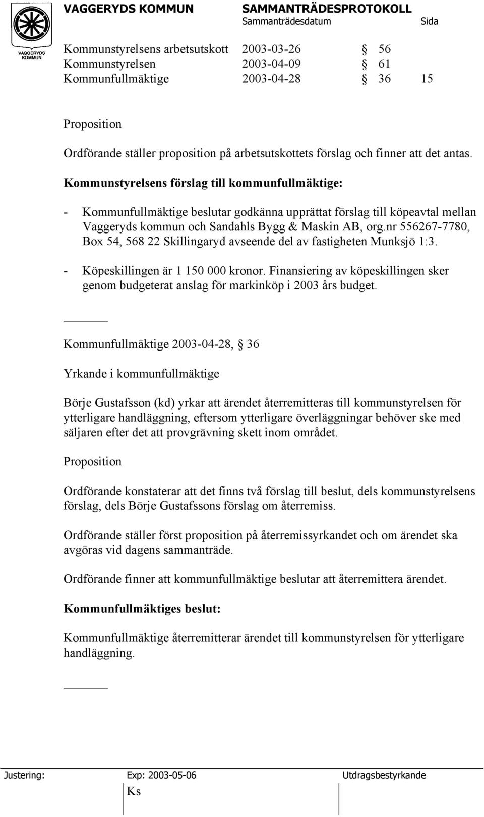 nr 556267-7780, Box 54, 568 22 Skillingaryd avseende del av fastigheten Munksjö 1:3. - Köpeskillingen är 1 150 000 kronor.