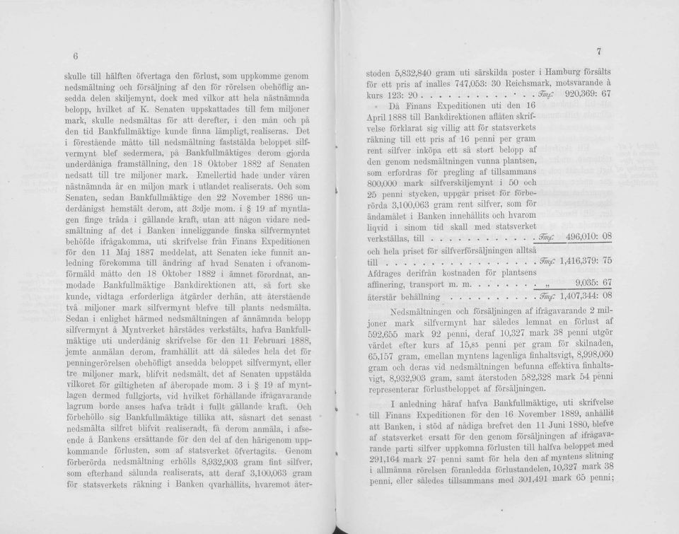 Det i förestäende mätto tili nedsmältning faststälda beloppet silfvermynt blef sedermera, pä Bankfullmäktiges derom gjorda underdäniga framställning, den 18 Oktober 1882 af Senaten nedsatt tili tre