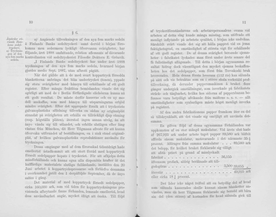 Filosofie Doktorn E. Grönvik. sedeln. I Finlands Banks sedeltryckeri har under äret 1888 tryckningen af den nya fem marks sedeln, hvarmed böijan gjordes medio Sept. 1887, utan afbrott pägätt.