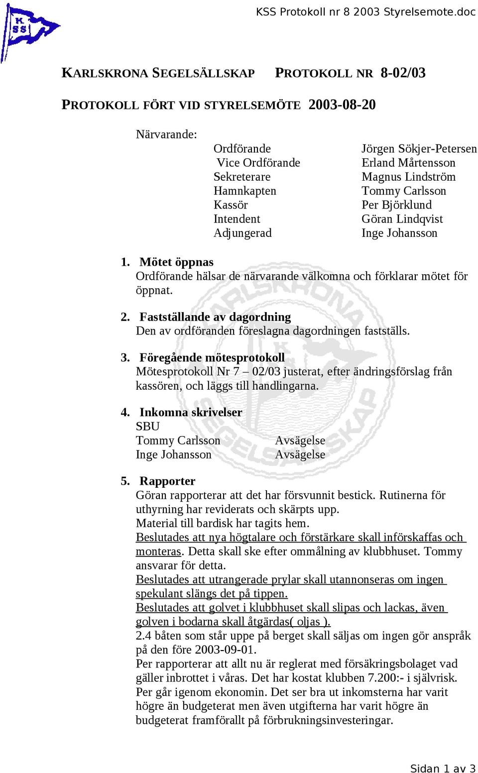 Göran Lindqvist Inge Johansson 1. Mötet öppnas hälsar de närvarande välkomna och förklarar mötet för öppnat. 2. Fastställande av dagordning Den av ordföranden föreslagna dagordningen fastställs. 3.