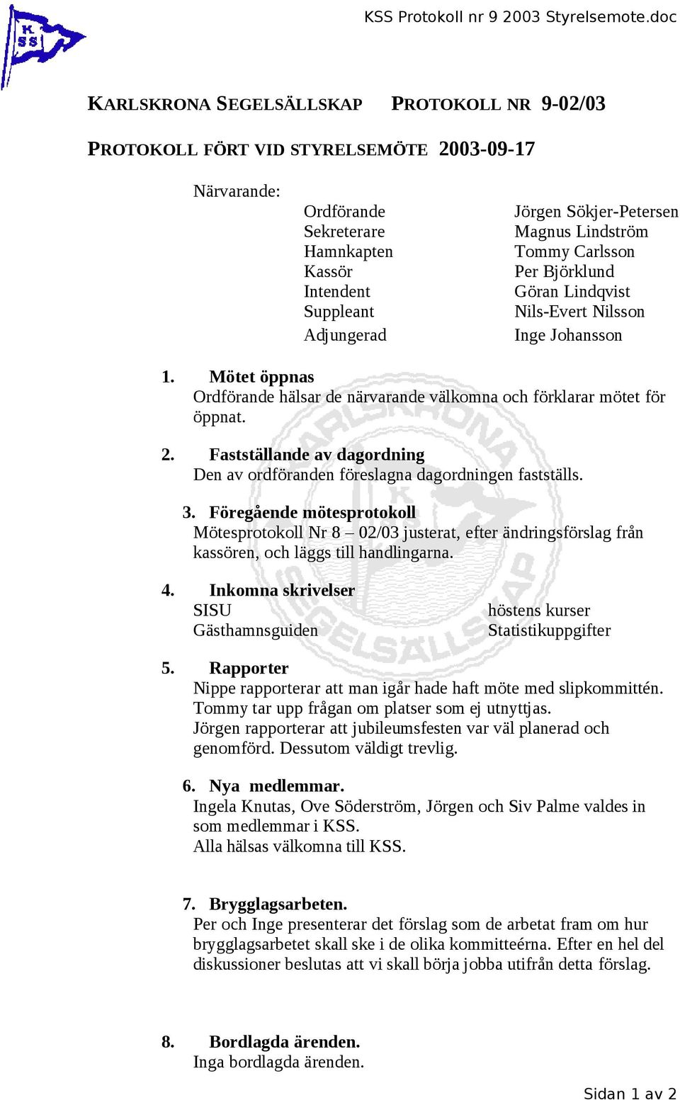 Nils-Evert Nilsson Inge Johansson 1. Mötet öppnas hälsar de närvarande välkomna och förklarar mötet för öppnat. 2. Fastställande av dagordning Den av ordföranden föreslagna dagordningen fastställs. 3.