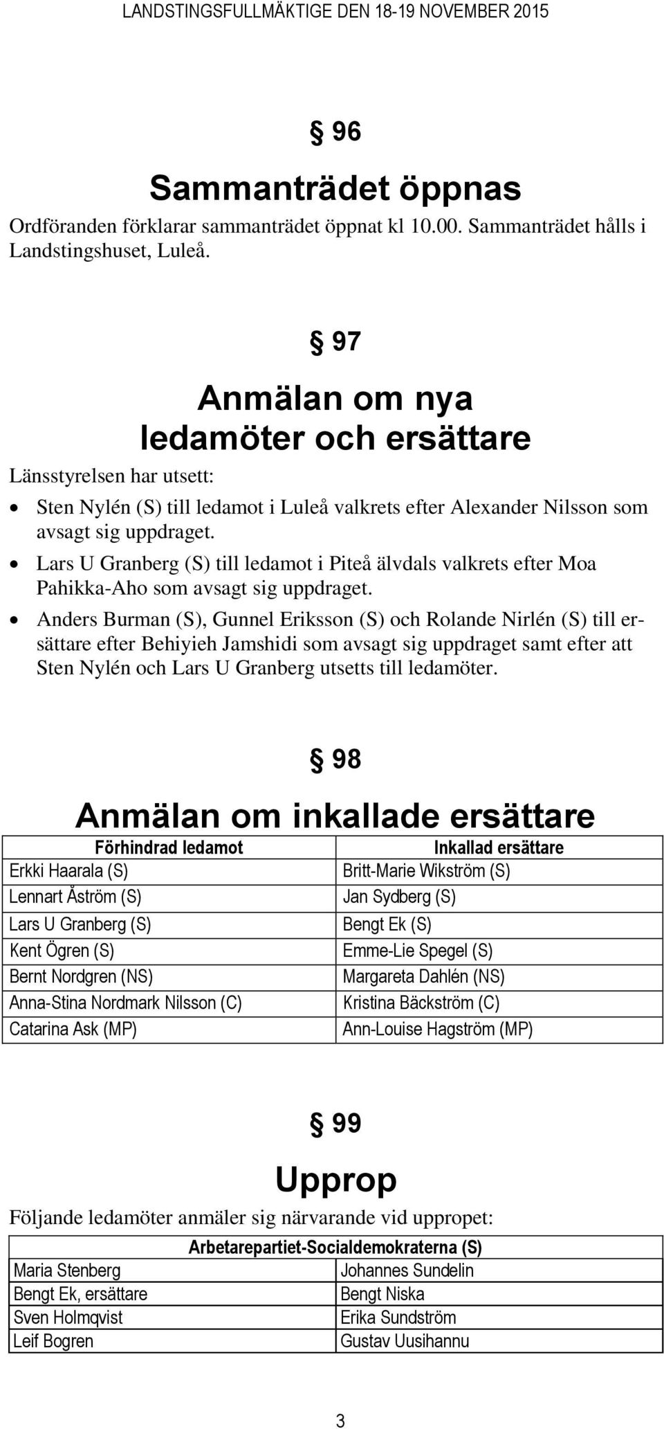 Lars U Granberg (S) till ledamot i Piteå älvdals valkrets efter Moa Pahikka-Aho som avsagt sig uppdraget.