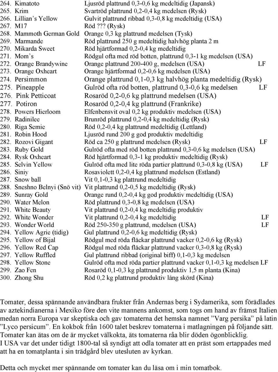 Mikarda Sweet Röd hjärtformad 0,2-0,4 kg medeltidig 271. Mom s Rödgul ofta med röd botten, plattrund 0,3-1 kg medelsen (USA) 272. Orange Brandywine Orange plattrund 200-400 g, medelsen (USA) LF 273.
