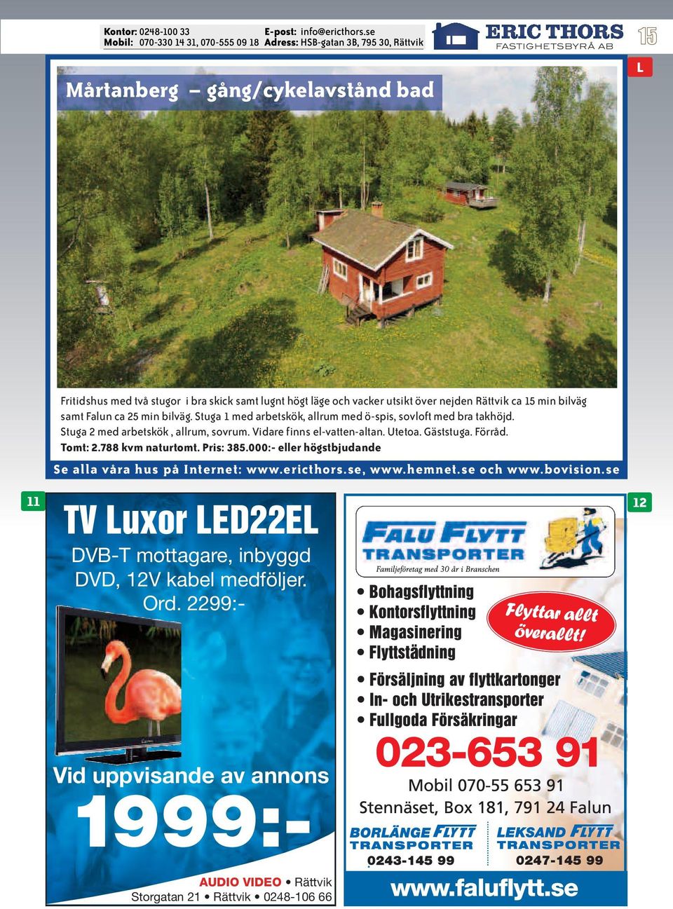 Vidare finns el-vatten-altan. Utetoa. Gäststuga. Förråd. Tomt: 2.788 kvm naturtomt. Pris: 385.