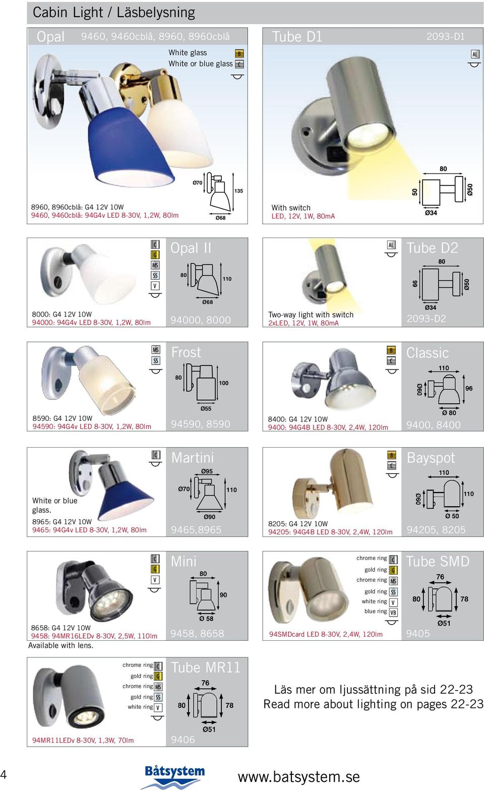 94590: 94G4v LED 8-30V, 1,2W, 80lm 8400: G4 12V 10W 9400: 94G4B LED 8-30V, 2,4W, 120lm 94590, 8590 Martini 9400, 8400 Bayspot Ø95 Ø70 White or blue glass.