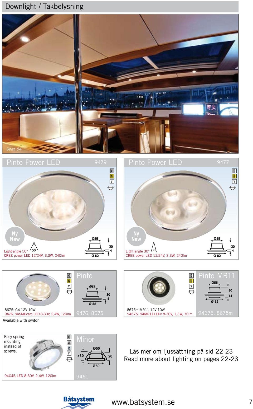 with switch 9476, 8675 8675m:MR11 12V 10W 94675: 94MR11LEDv 8-30V, 1,3W, 70lm 94675, 8675m Easy spring mounting instead of screws.