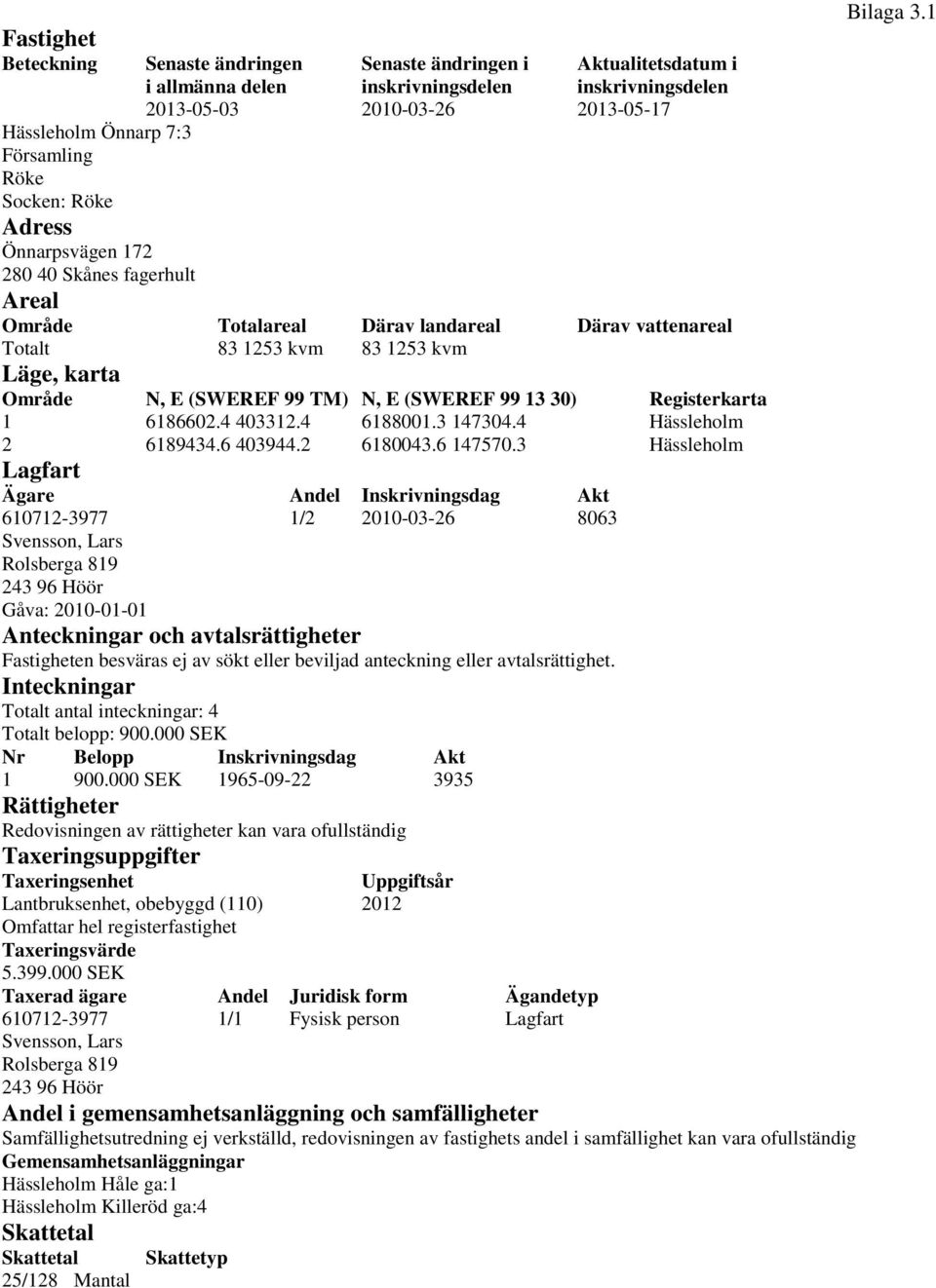 (SWEREF 99 13 30) Registerkarta 1 6186602.4 403312.4 6188001.3 147304.4 Hässleholm 2 6189434.6 403944.2 6180043.6 147570.