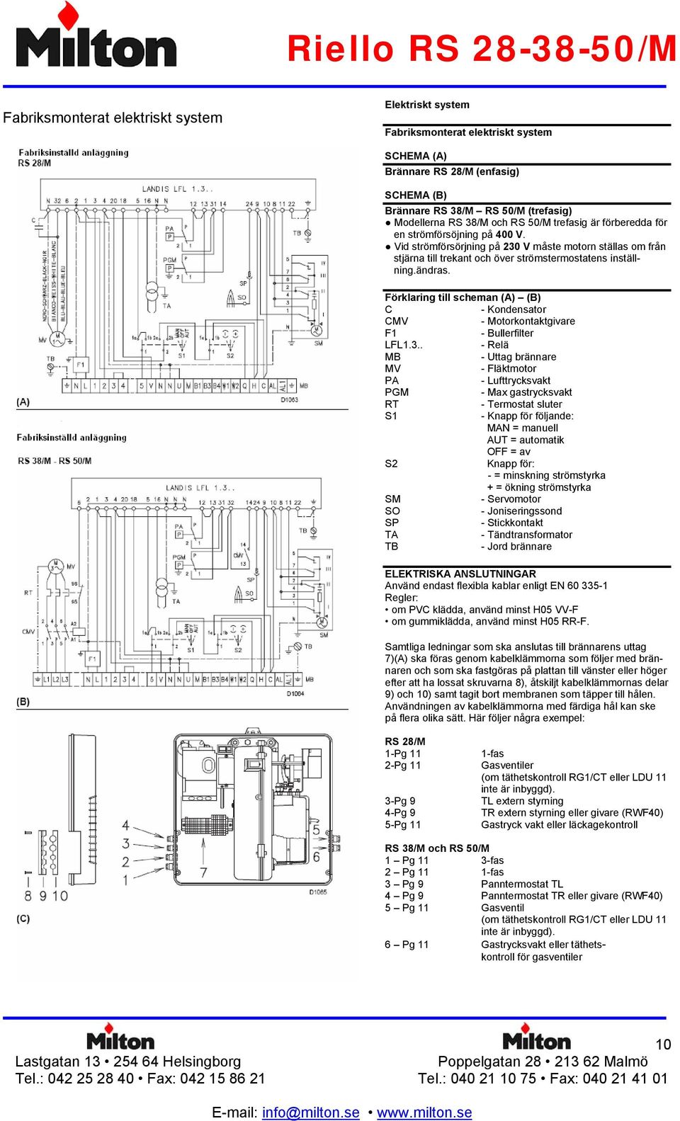 Förklaring till scheman (A) (B) C - Kondensator CMV - Motorkontaktgivare F1 - Bullerfilter LFL1.3.