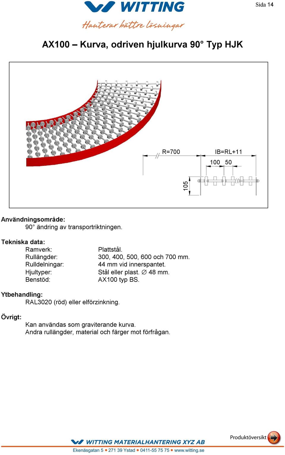 300, 400, 500, 600 och 700 mm. 44 mm vid innerspantet. Stål eller plast. 48 mm. AX100 typ BS.