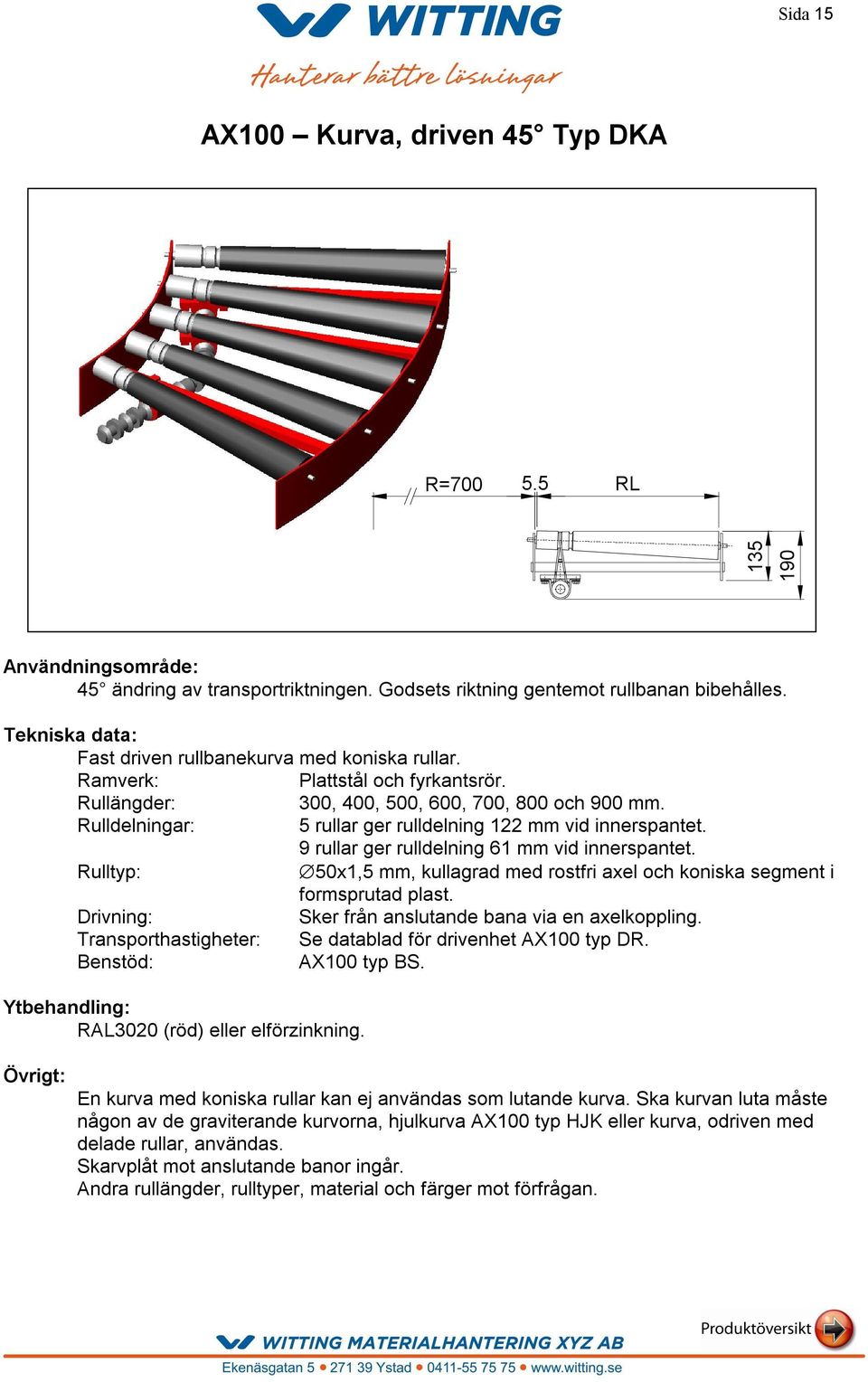 9 rullar ger rulldelning 61 mm vid innerspantet. Rulltyp: 50x1,5 mm, kullagrad med rostfri axel och koniska segment i formsprutad plast. Drivning: Sker från anslutande bana via en axelkoppling.