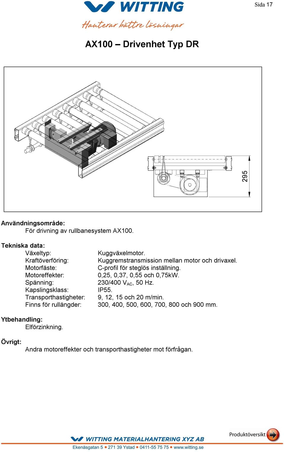 rullängder: Kuggväxelmotor. Kuggremstransmission mellan motor och drivaxel. C-profil för steglös inställning.