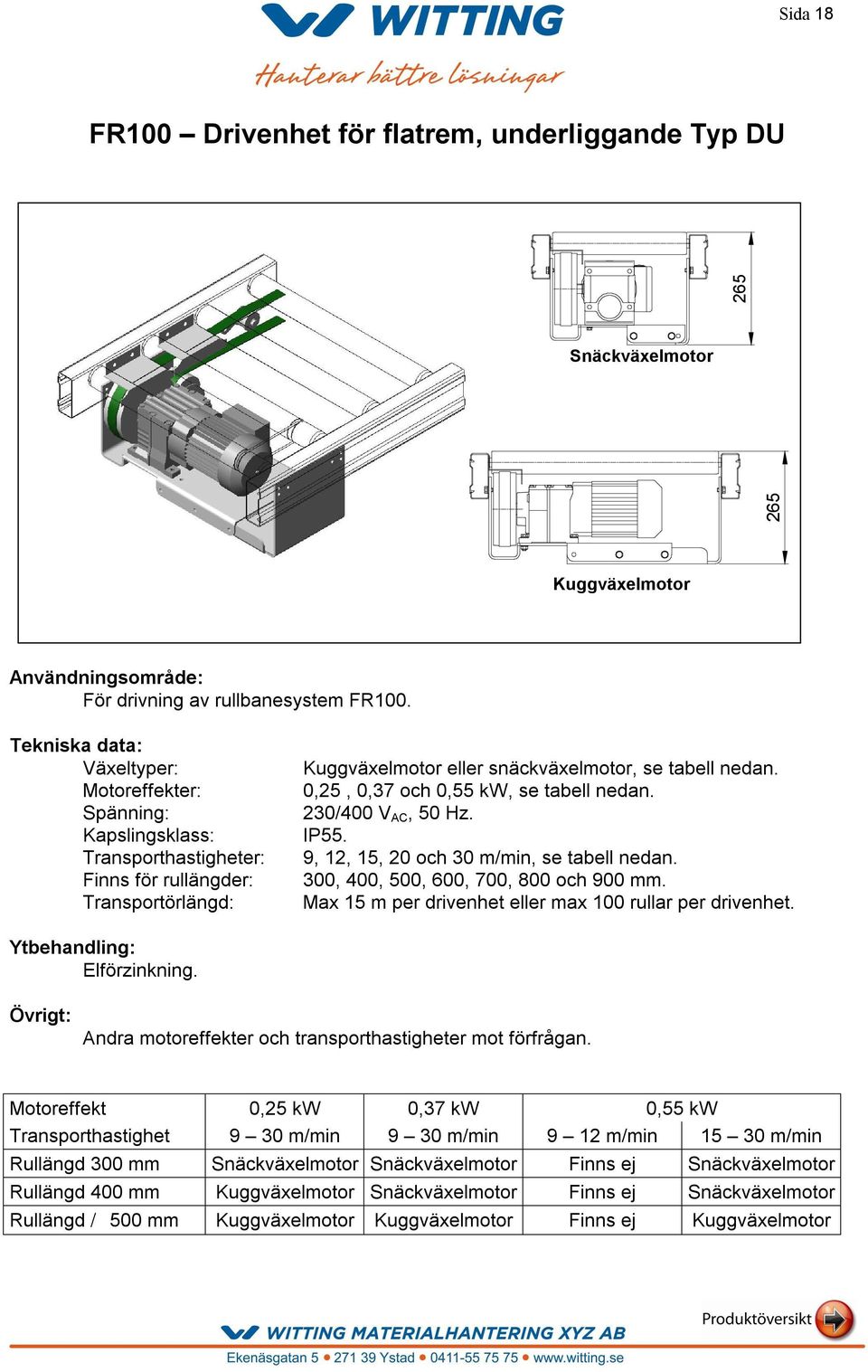 0,25, 0,37 och 0,55 kw, se tabell nedan. 230/400 V AC, 50 Hz. IP55. 9, 12, 15, 20 och 30 m/min, se tabell nedan. 300, 400, 500, 600, 700, 800 och 900 mm.