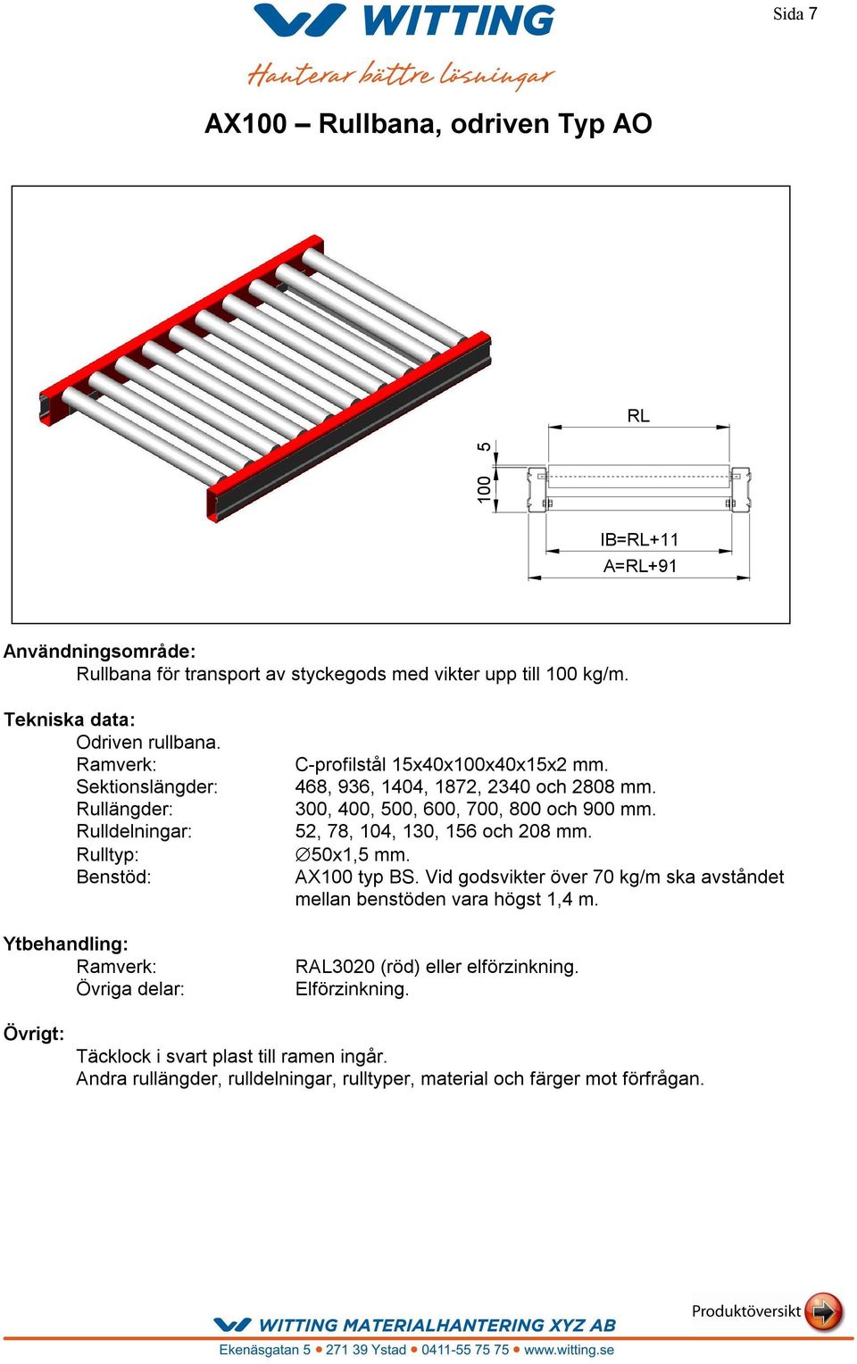 468, 936, 1404, 1872, 2340 och 2808 mm. 300, 400, 500, 600, 700, 800 och 900 mm. 52, 78, 104, 130, 156 och 208 mm. 50x1,5 mm. AX100 typ BS.