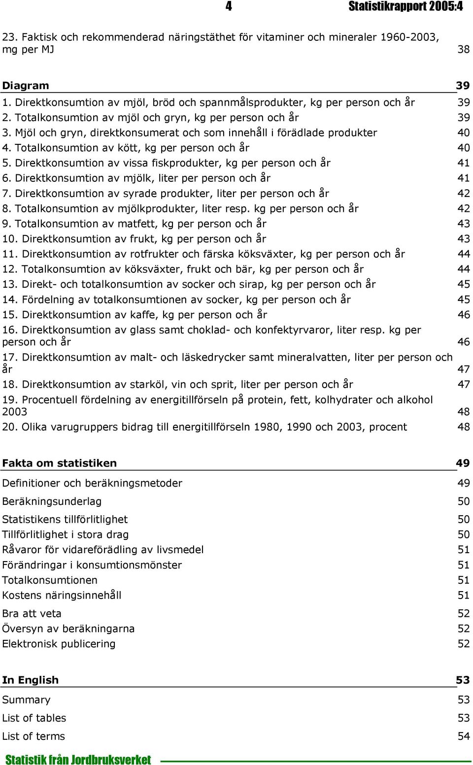 Mjöl och gryn, direktkonsumerat och som innehåll i förädlade produkter 40 4. Totalkonsumtion av kött, kg per person och år 40 5. Direktkonsumtion av vissa fiskprodukter, kg per person och år 41 6.