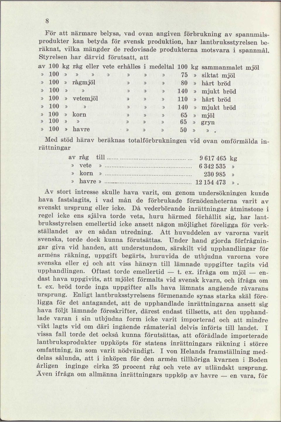 Styrelsen har därvid förutsatt, att av kg råg eller vete erhålles i medeltal kg sammanmalet mjöl»»»»»»»» 75» siktat mjöl»» rågmjöl»»» 80» hårt bröd»»»»»» 140» mjukt bröd»» vetemjöl»»» HO» hårt