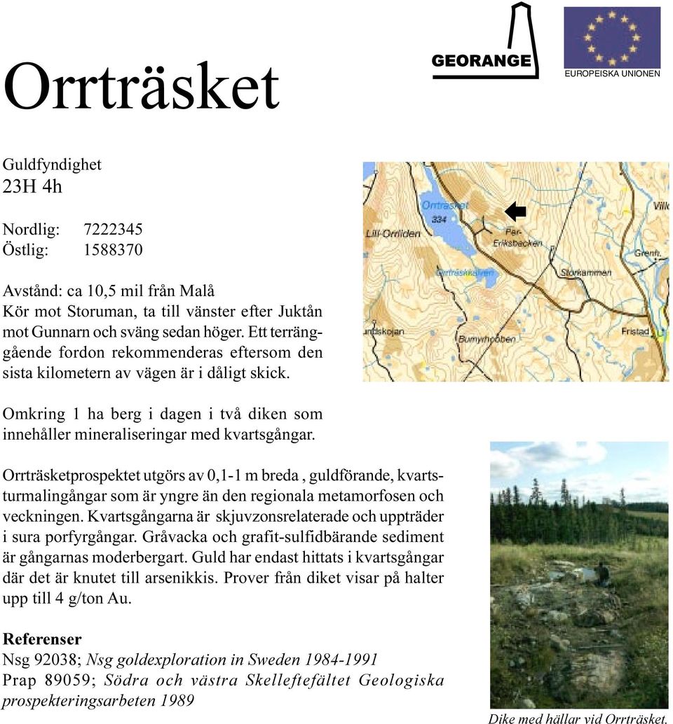 Orrträsketprospektet utgörs av 0,1-1 m breda, guldförande, kvartsturmalingångar som är yngre än den regionala metamorfosen och veckningen.