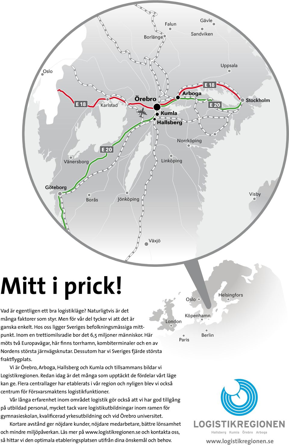 Hos oss ligger Sveriges befolkningsmässiga mittpunkt. Inom en trettiomilsradie bor det 6,5 miljoner människor.