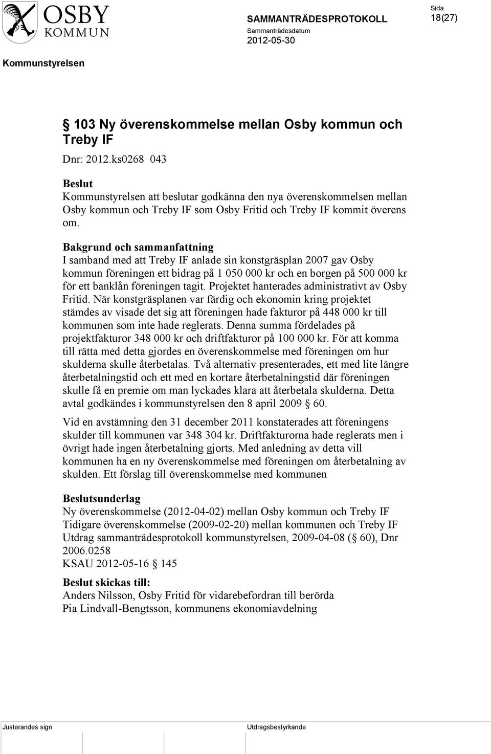 I samband med att Treby IF anlade sin konstgräsplan 2007 gav Osby kommun föreningen ett bidrag på 1 050 000 kr och en borgen på 500 000 kr för ett banklån föreningen tagit.