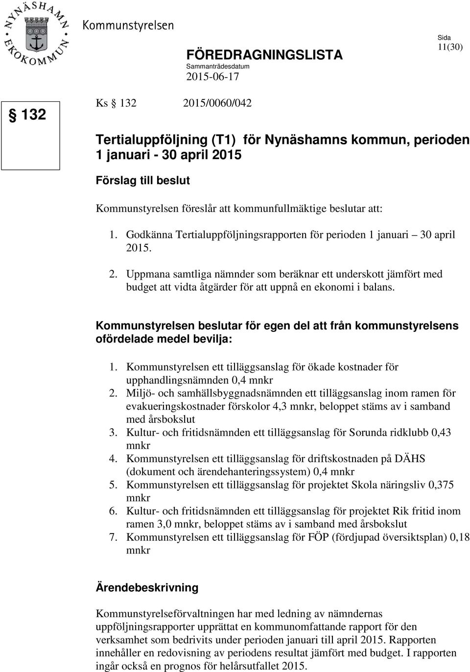 15. 2. Uppmana samtliga nämnder som beräknar ett underskott jämfört med budget att vidta åtgärder för att uppnå en ekonomi i balans.