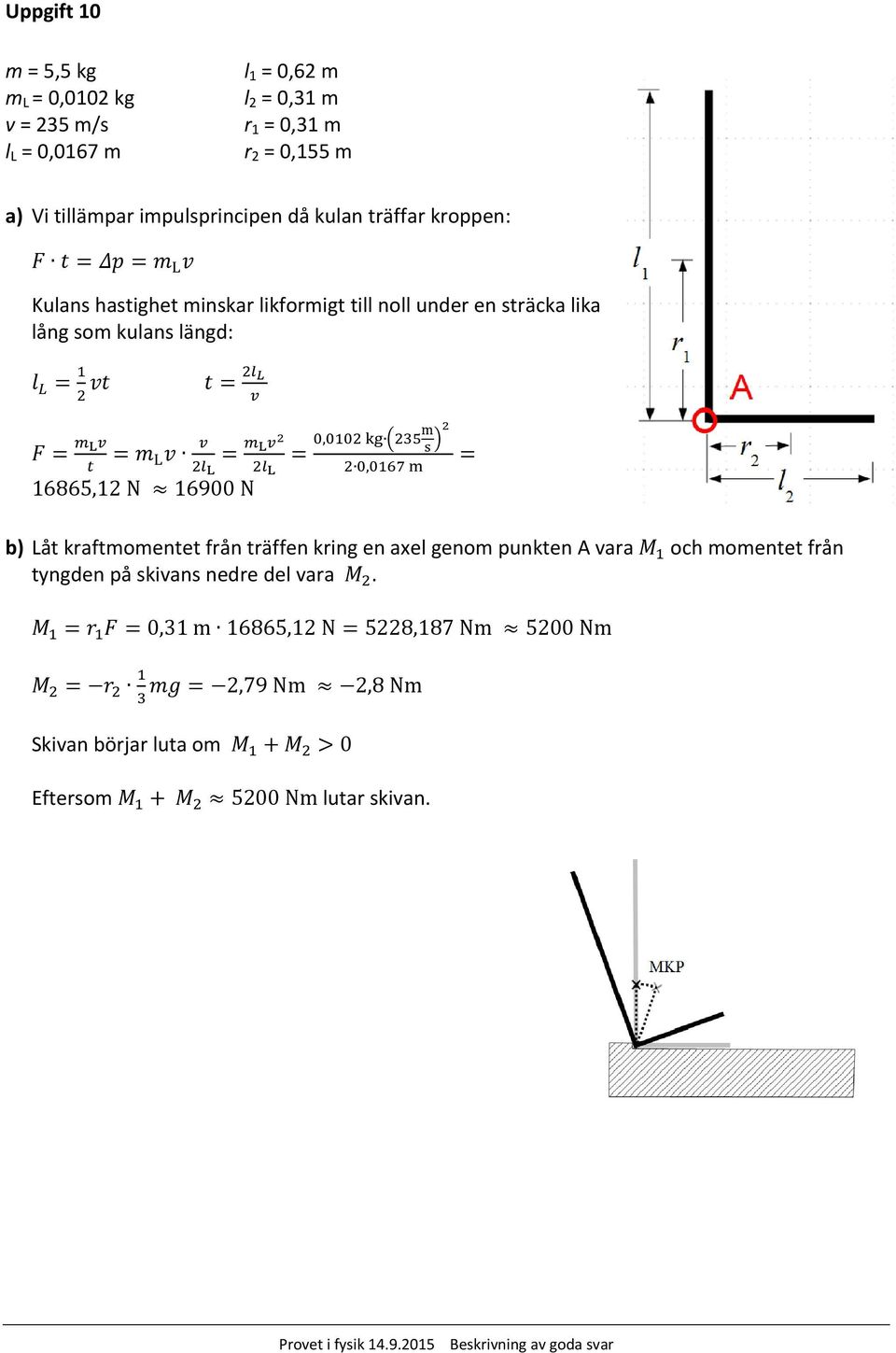 kulans längd: 16865,12 N 16900 N,, b) Låt kraftmomentet från träffen kring en axel genom punkten A vara och momentet från tyngden