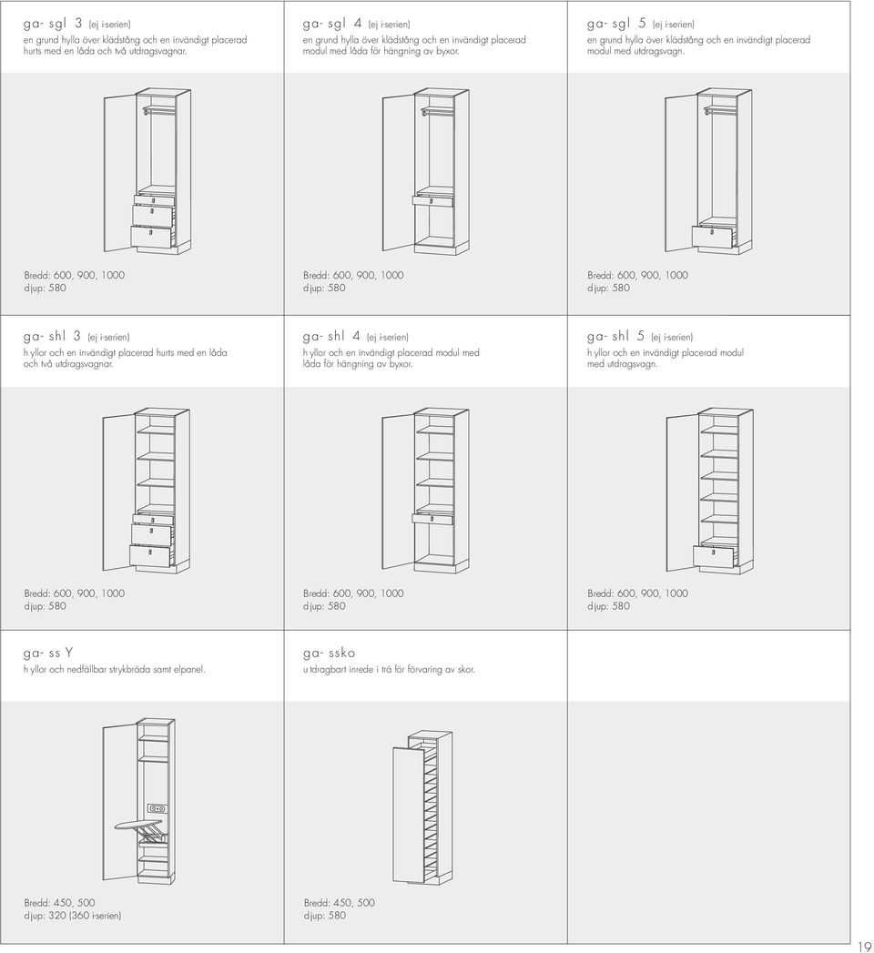 ga- SGL 5 (ej i-serien) En grund hylla över klädstång och en invändigt placerad modul med utdragsvagn.