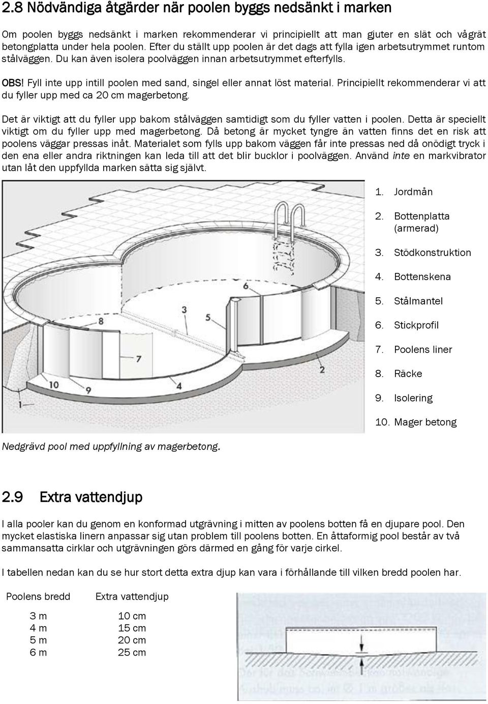 Fyll inte upp intill poolen med sand, singel eller annat löst material. Principiellt rekommenderar vi att du fyller upp med ca 20 cm magerbetong.