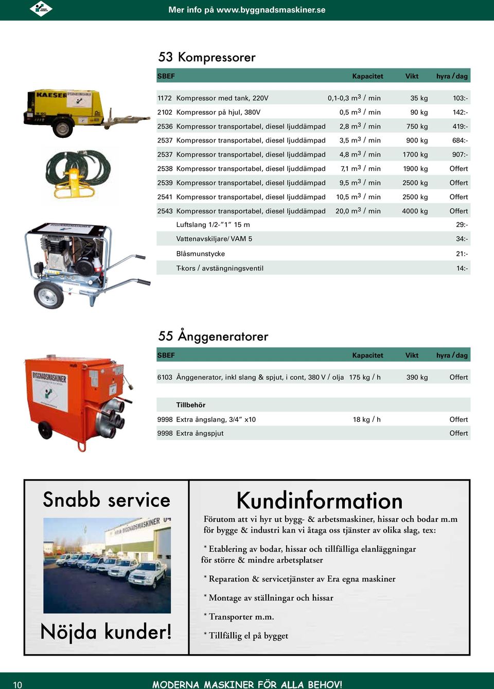 ljuddämpad 7,1 m 3 / min 1900 kg 2539 Kompressor transportabel, diesel ljuddämpad 9,5 m 3 / min 2500 kg 2541 Kompressor transportabel, diesel ljuddämpad 10,5 m 3 / min 2500 kg 2543 Kompressor