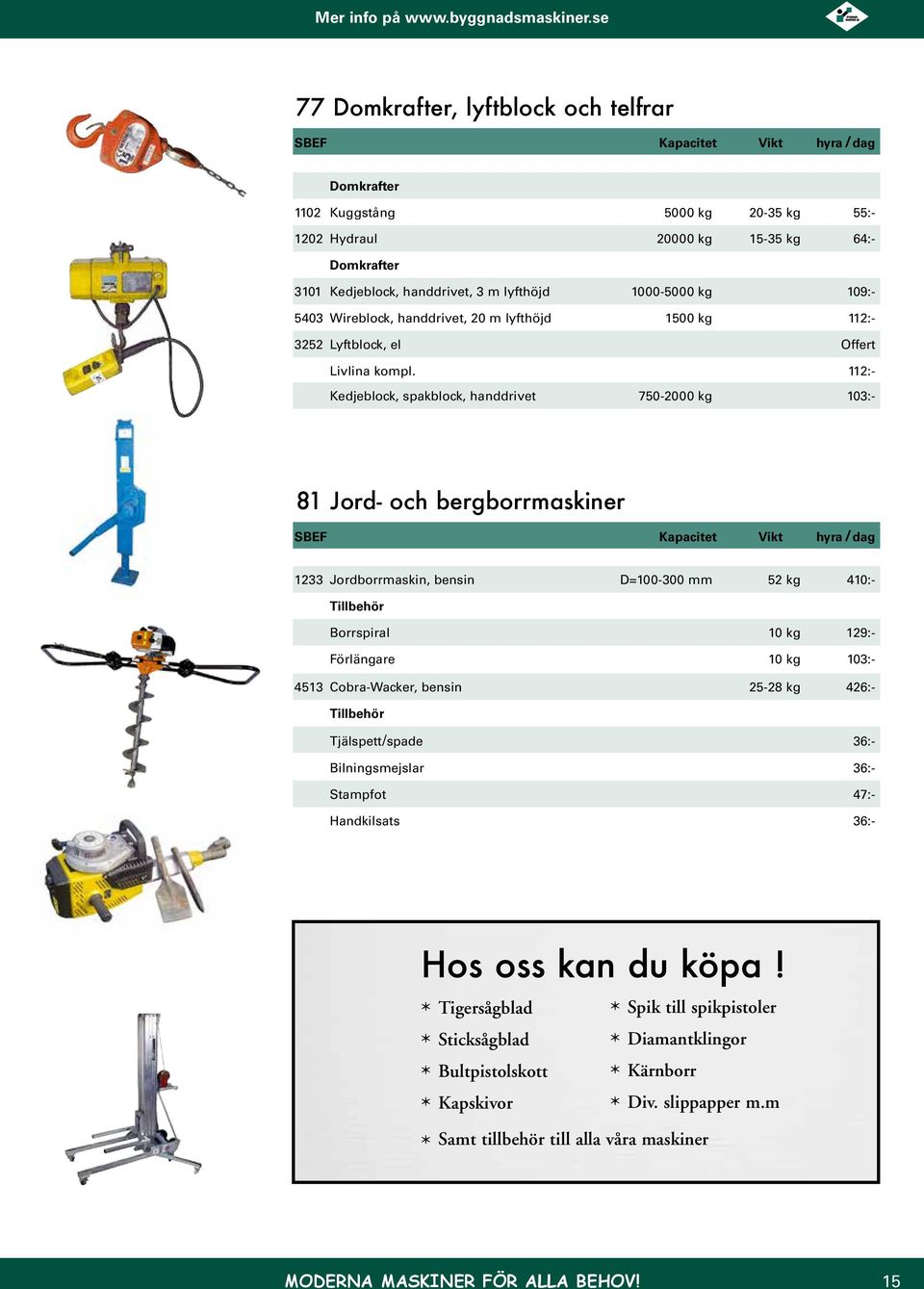 112:- Kedjeblock, spakblock, handdrivet 750-2000 kg 103:- 81 Jord- och bergborrmaskiner 1233 Jordborrmaskin, bensin D=100-300 mm 52 kg 410:- Tillbehör Borrspiral 10 kg 129:- Förlängare 10 kg 103:-